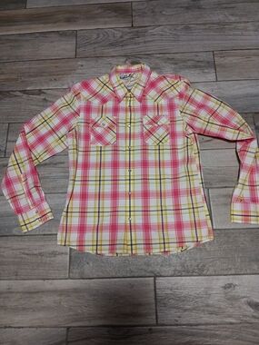 Hollister Plaid Button Up Shirt Pink Yellow Long Sleeve Men Size L